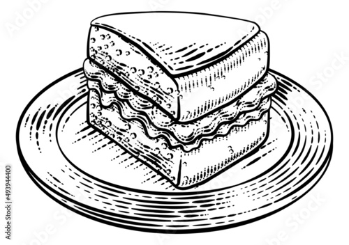 Cake Sponge Slice Jam Cream Woodcut Drawing