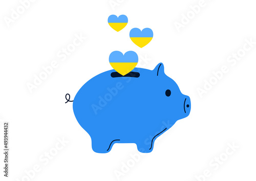 Support Ukraine. Piggy bank with hearts colord in ukrainian flag colors. photo