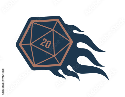 Vector line burning dice 20-sided. Board Games. Isolated on white background.