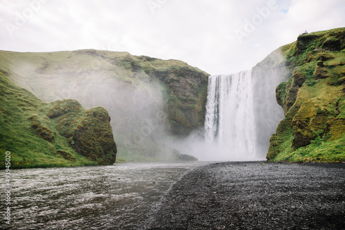 Wide angle shot of Skogafoss waterfall located on Route 1 in Iceland