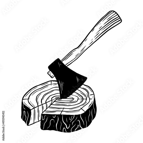 Lumberjack, an ax stuck in a stump. Hand drawn illustration.