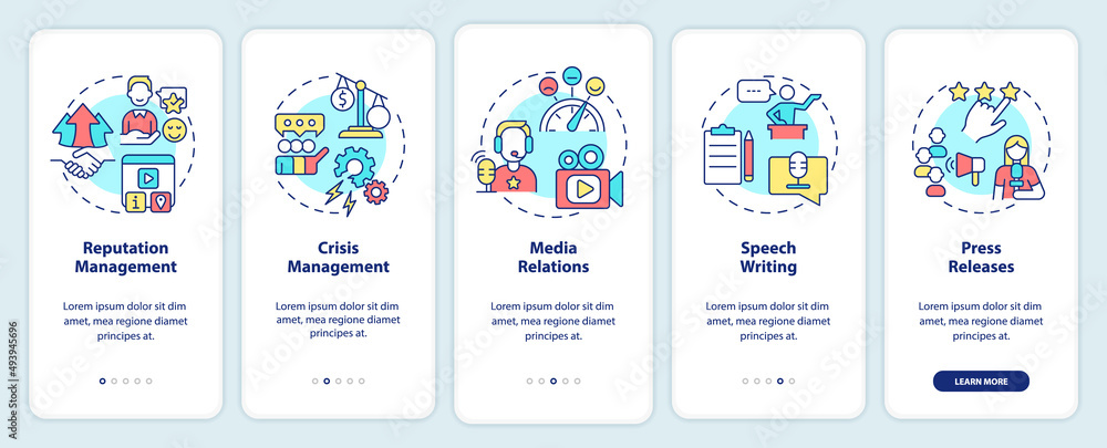PR services types onboarding mobile app screen. Business promotion walkthrough 5 steps graphic instructions pages with linear concepts. UI, UX, GUI template. Myriad Pro-Bold, Regular fonts used