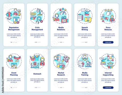 PR services onboarding mobile app screen set. Business reputation walkthrough 5 steps graphic instructions pages with linear concepts. UI, UX, GUI template. Myriad Pro-Bold, Regular fonts used