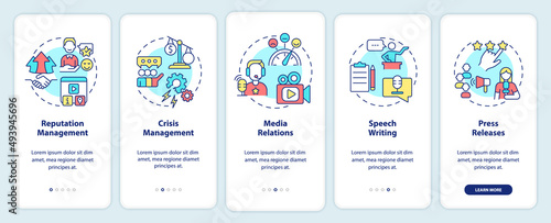 PR services types onboarding mobile app screen. Business promotion walkthrough 5 steps graphic instructions pages with linear concepts. UI, UX, GUI template. Myriad Pro-Bold, Regular fonts used