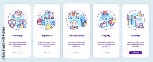 PR code of ethics onboarding mobile app screen. Principles walkthrough 5 steps graphic instructions pages with linear concepts. UI, UX, GUI template. Myriad Pro-Bold, Regular fonts used