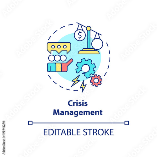 Crisis management concept icon. Communication plan. PR service for business abstract idea thin line illustration. Isolated outline drawing. Editable stroke. Arial, Myriad Pro-Bold fonts used