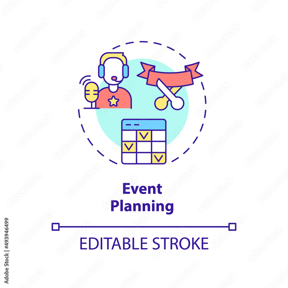 Event planning concept icon. Marketing tactics. Service of PR firm abstract idea thin line illustration. Isolated outline drawing. Editable stroke. Arial, Myriad Pro-Bold fonts used Event planning concept icon. Marketing tactics. Service of PR firm abstract idea thin line illustration. Isolated outline drawing. Editable stroke. Arial, Myriad Pro-Bold fonts used
