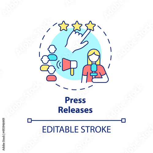 Press releases concept icon. Announcement of products. PR service for business abstract idea thin line illustration. Isolated outline drawing. Editable stroke. Arial, Myriad Pro-Bold fonts used