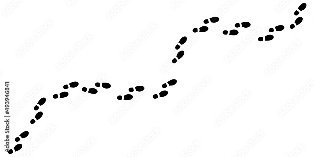Shoe footprint. Template of the trodden path, walking route. Black icons. Leg of a human foot in shoes, boots. Vector illustration. Shoe footprint. Template of the trodden path, walking route. Black icons. Leg of a human foot in shoes, boots. Vector illustration.