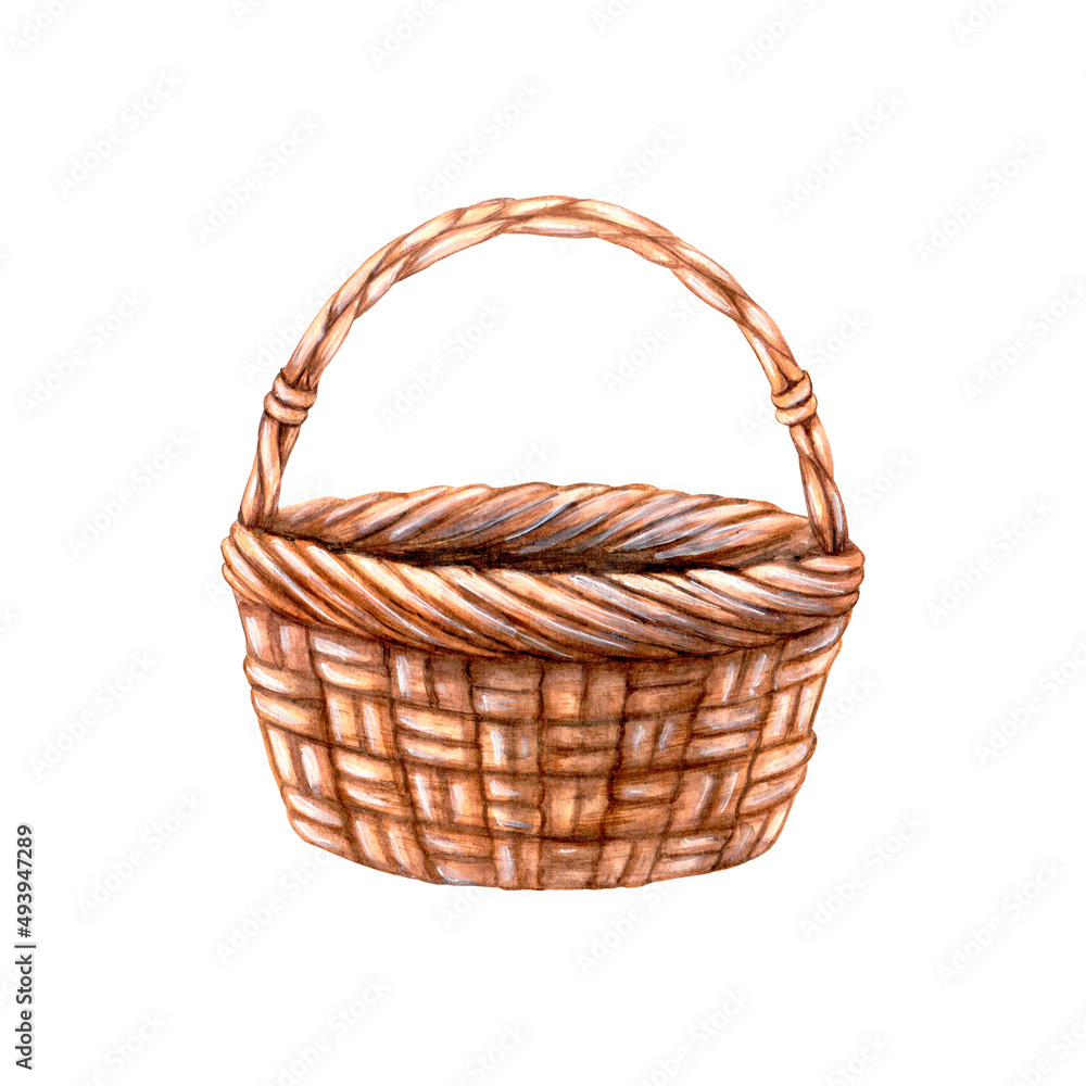 An empty wicker basket, hand-painted in watercolor, isolated on a white background.
