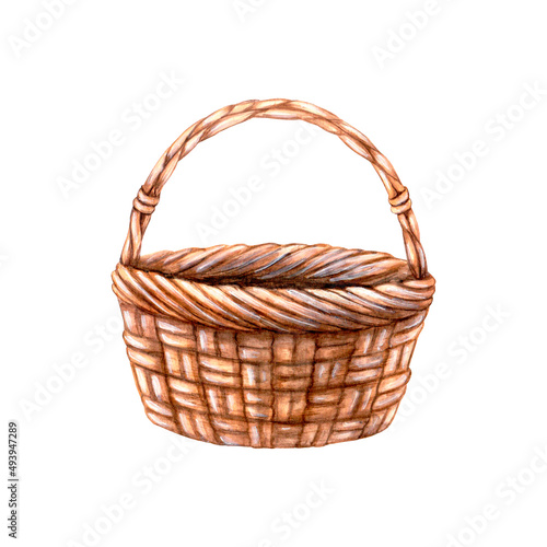 An empty wicker basket, hand-painted in watercolor, isolated on a white background.