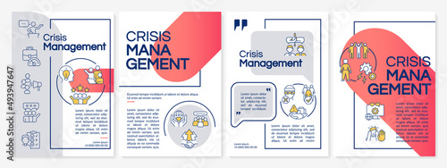 Crisis management red and grey brochure template. PR service. Leaflet design with linear icons. 4 vector layouts for presentation, annual reports. Questrial, Lato-Regular fonts used