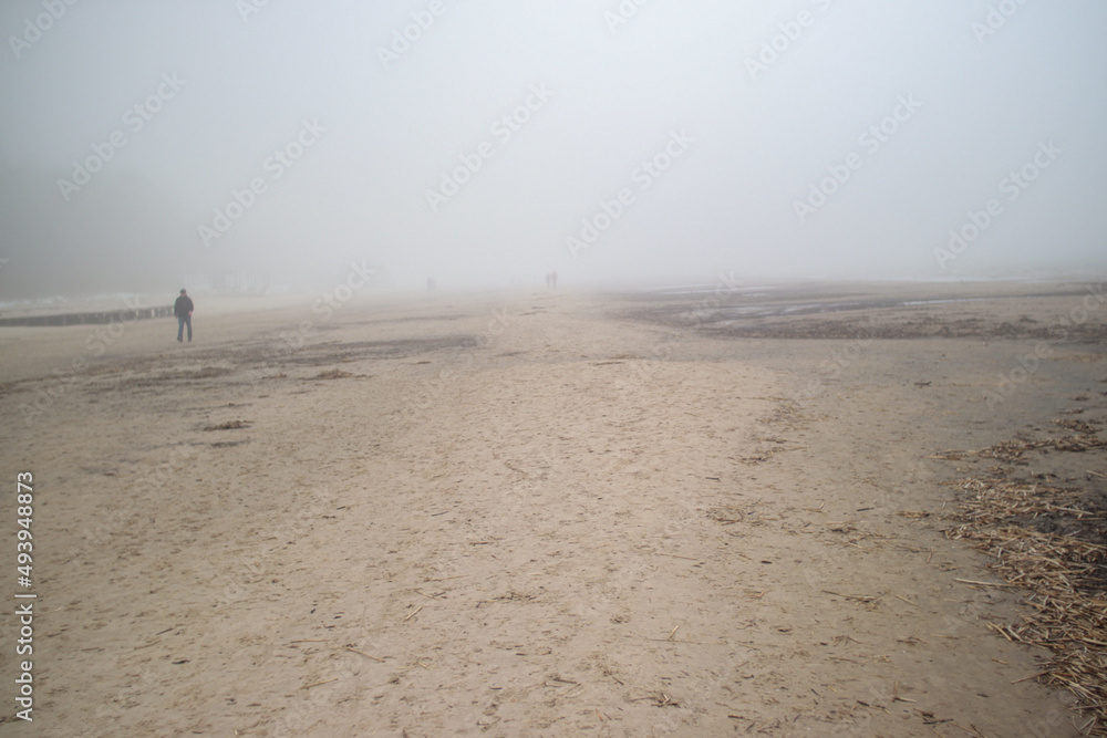 Jurmala, Baltic sea beach in fog 