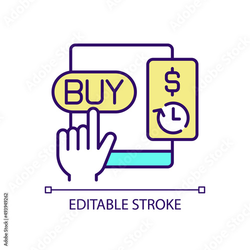 Buy now pay later service RGB color icon. Easily online shopping. Offer to attract consumers. Isolated vector illustration. Simple filled line drawing. Editable stroke. Arial font used