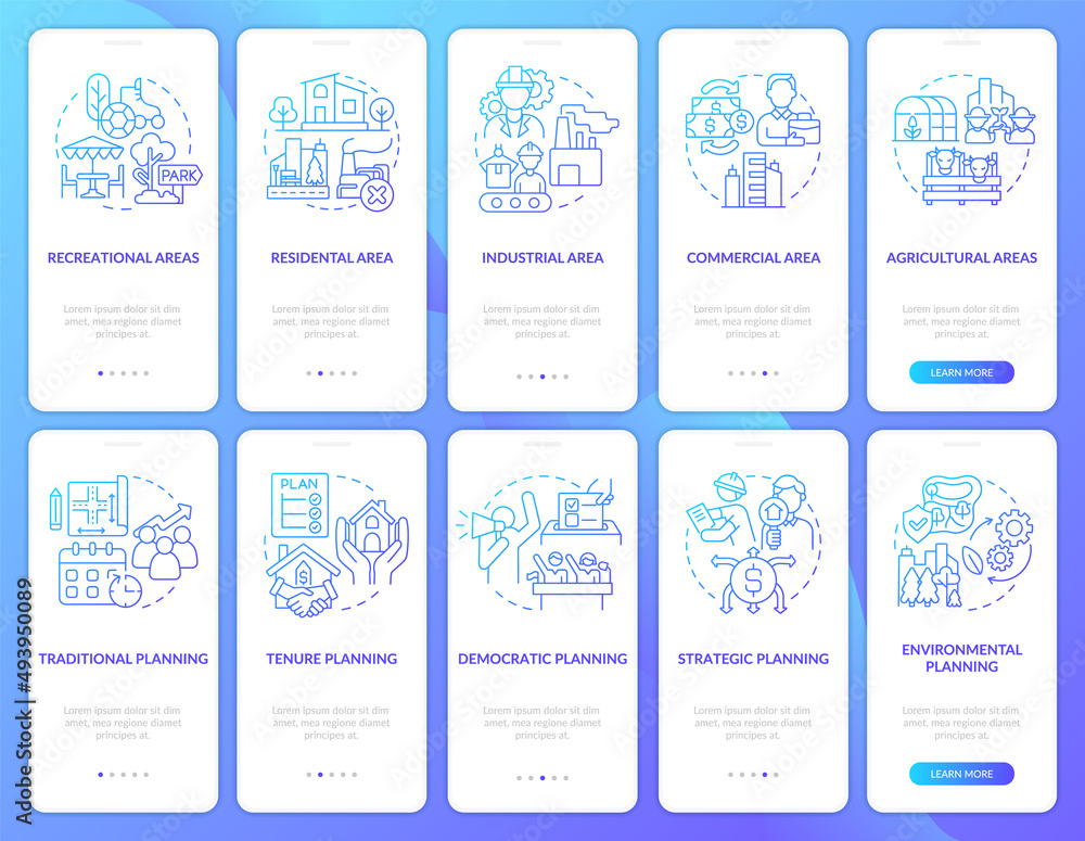 Land management, planning blue gradient onboarding mobile app screen set. Walkthrough 5 steps graphic instructions pages with linear concepts. UI, UX, GUI template. Myriad Pro-Bold, Regular fonts used Land management, planning blue gradient onboarding mobile app screen set. Walkthrough 5 steps graphic instructions pages with linear concepts. UI, UX, GUI template. Myriad Pro-Bold, Regular fonts used