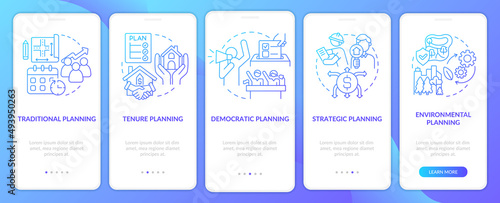 Land-use planning blue gradient onboarding mobile app screen. Walkthrough 5 steps graphic instructions pages with linear concepts. UI, UX, GUI template. Myriad Pro-Bold, Regular fonts used