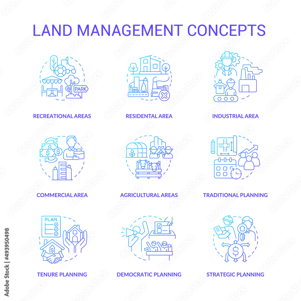 Land management blue gradient concept icons set. Residential areas idea thin line color illustrations. Commercial, industrial spaces. Isolated symbols. Roboto-Medium, Myriad Pro-Bold fonts used