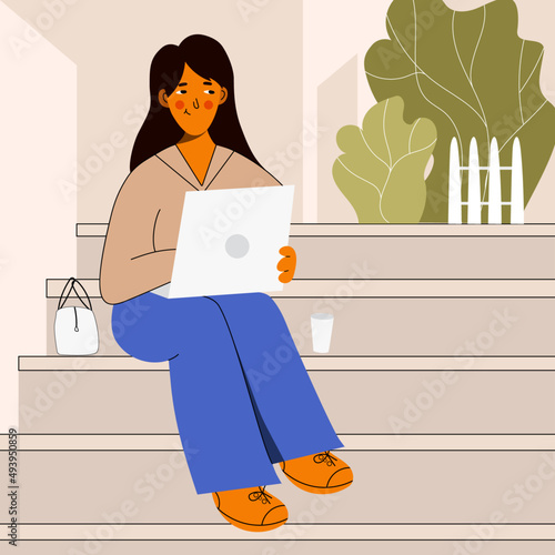 Girl freelancer works on the street. Career ladder. Self-employed.