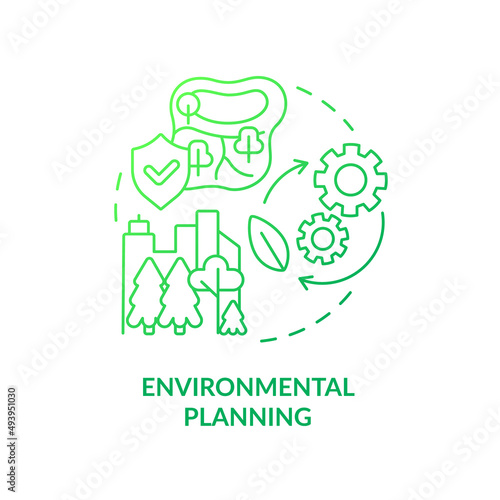 Environmental planning green gradient concept icon. Land-use planning abstract idea thin line illustration. Mitigating impact on environment. Isolated outline drawing. Myriad Pro-Bold font used