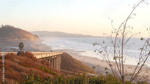 Bridge on pacific coast highway 1  Torrey Pines state beach  Del Mar  San Diego  California USA. Coastal road trip vacations  sunset seat scenic vista view point. Roadtrip on freeway 101 along ocean.