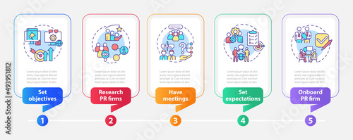 Hiring PR company rectangle infographic template. Choose agency. Data visualization with 5 steps. Process timeline info chart. Workflow layout with line icons. Myriad Pro-Bold, Regular fonts used