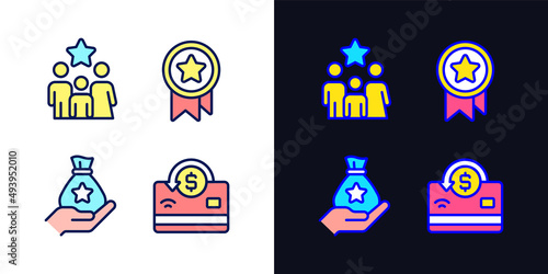 Cash awards pixel perfect light and dark theme color icons set. Benefits program. Family bonus. Noncash prize. Simple filled line drawings. Bright cliparts on white and black. Editable stroke