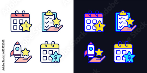 Employee bonus program pixel perfect light and dark theme color icons set. Workplace incentive and retention. Simple filled line drawings. Bright cliparts on white and black. Editable stroke