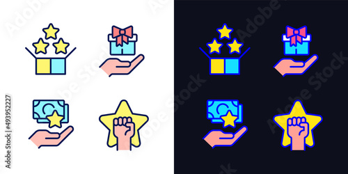 Effective sales strategy pixel perfect light and dark theme color icons set. Bundle service. Free gift. Cash bonus. Simple filled line drawings. Bright cliparts on white and black. Editable stroke