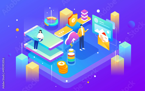 Business people are communicating and talking, surrounded by various data, isometric vector illustration