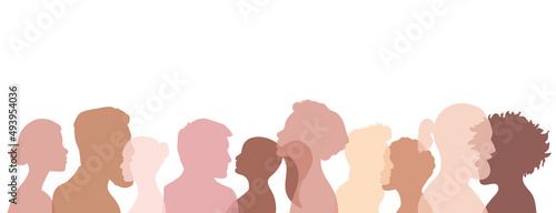 Community people skin tone heads silhouette panorama banner team vector EPS10 illustration isolated on white. Human chatting and communication concept