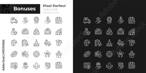 Bonuses pixel perfect linear icons set for dark, light mode. Employee reward. Thin line symbols for night, day theme. Isolated illustrations. Editable stroke. Montserrat Bold, Light fonts used