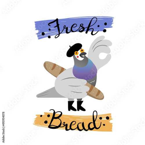 Fresh Bread funny sign with hand drawn pigeon dressed like mime, holding a French  baguette and showing ok sign with wing. Flat style isolated vector illustration