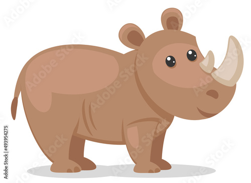 Rhinoceros stands and smiles on a white background. Character