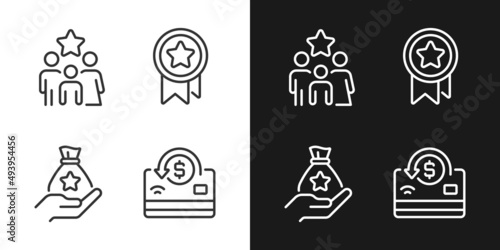 Cash awards pixel perfect linear icons set for dark, light mode. Benefits program. Family bonus. Big financial reward. Thin line symbols for night, day theme. Isolated illustrations. Editable stroke