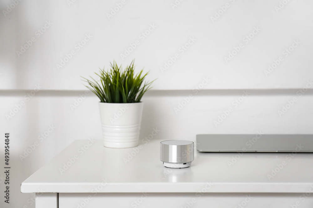 Wireless portable speaker, laptop and houseplant on table near light wall