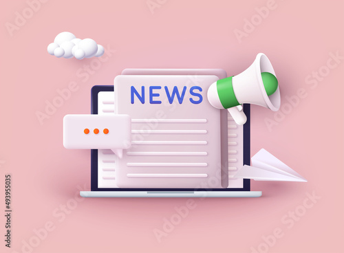 Concept News update. News webpage, information about events, activities, company information and announcements for web page. 3D Web Vector Illustrations.