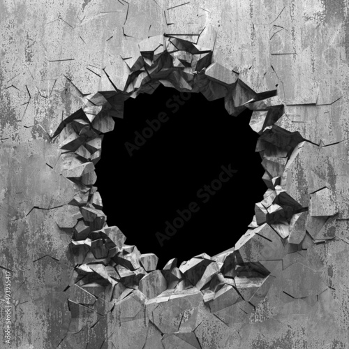 Cracked broken hole in concrete wall photo