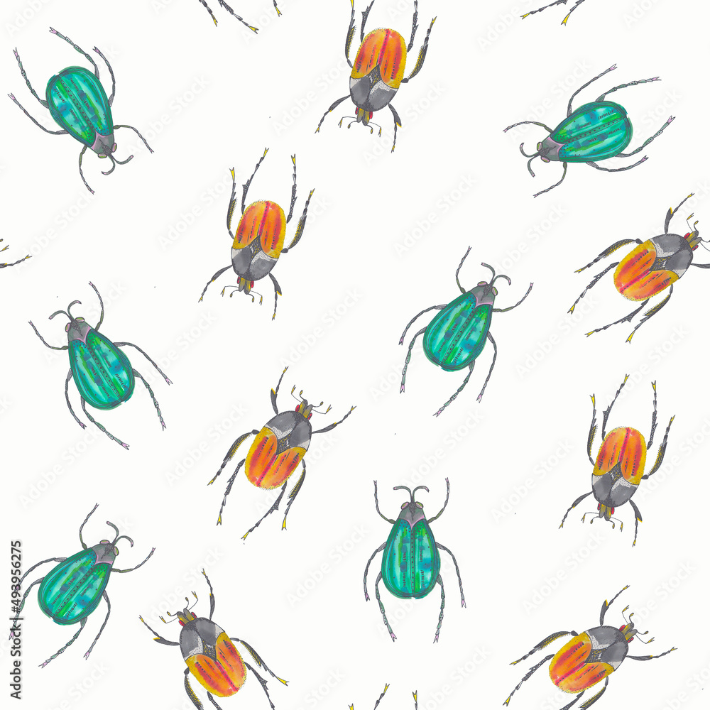 Seamless pattern of colorful watercolor beetles. Tropical stylized insects. Backgrounds. Wallpaper. Wrapping.