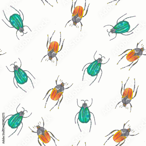 Seamless pattern of colorful watercolor beetles. Tropical stylized insects. Backgrounds. Wallpaper. Wrapping. © LKoroleva