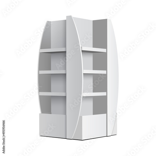 Mockup Cardboard Retail Shelves Floor Display Rack For Supermarket Blank Empty. Mock Up. 3D On White Background Isolated. Ready For Your Design. Product Advertising. Vector EPS10