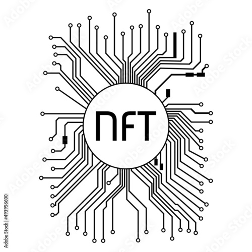 PCB tracks with NTF non fungible token in center isolated on white. Website design element. Vector illustration.