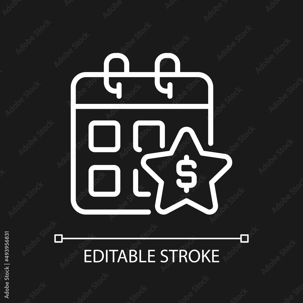 Annual bonus pixel perfect white linear icon for dark theme. Boost engagement. Extra money to regular paycheck. Thin line illustration. Isolated symbol for night mode. Editable stroke. Arial font used Annual bonus pixel perfect white linear icon for dark theme. Boost engagement. Extra money to regular paycheck. Thin line illustration. Isolated symbol for night mode. Editable stroke. Arial font used