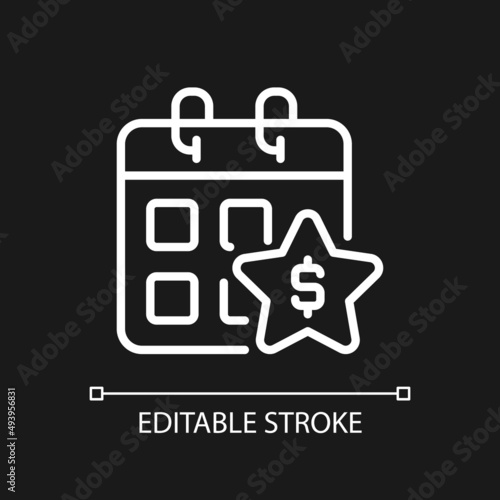 Annual bonus pixel perfect white linear icon for dark theme. Boost engagement. Extra money to regular paycheck. Thin line illustration. Isolated symbol for night mode. Editable stroke. Arial font used