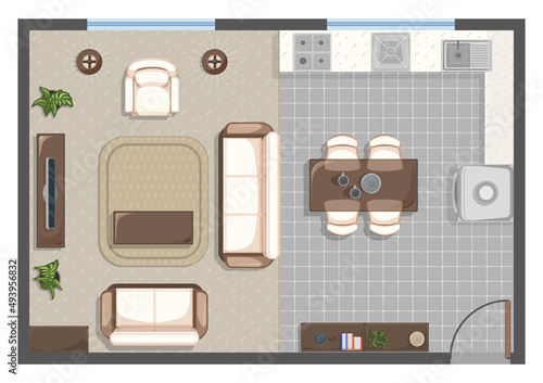 Living and kitchen room architectural plan. Top (above) view. Apartment vector design. Standard size furniture elements. Sofa, armchair, lamp, coffee and dining table, TV, kitchen, refrigerator.