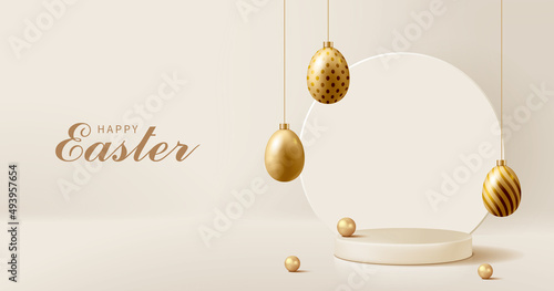 Easter banner for product demonstration. Round pedestal or podium with gold Easter eggs on cream background.