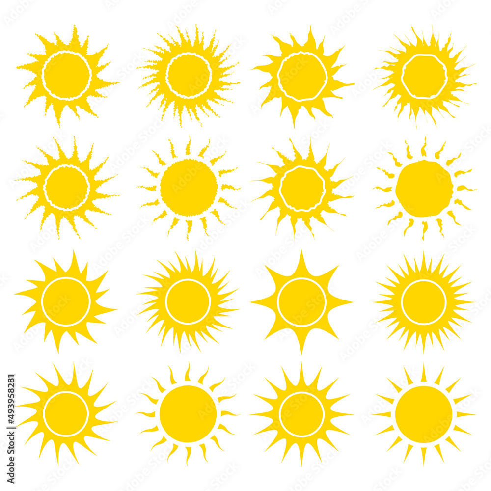 Sun yellow symbol collection. Vector illustration isolated on white background Sun yellow symbol collection. Vector illustration isolated on white background
