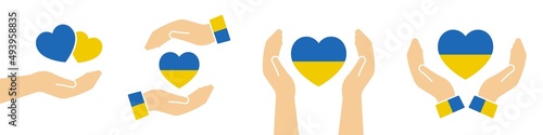 Hands holding Ukraine flag in heart shape. Support care concept for Ukraine. Peace symbol. Vector illustration.