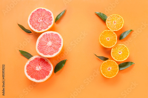 Fresh orange and grapefruit slices on color background