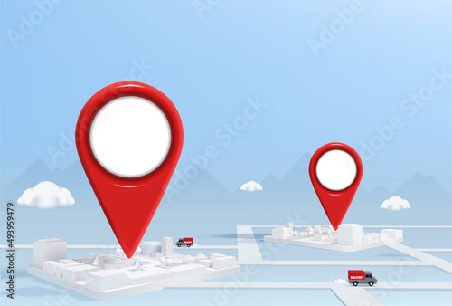 Gps 2 points show on the building with truck. 3D illustration