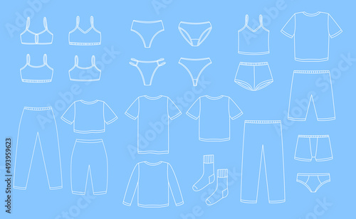 Set of women's and men's underwear, pajamas, home clothes - vector outline objects